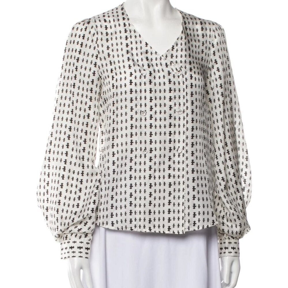 Pringle of Scotland Black and White Print Silk Origami Sleeve Blouse Size 10 Top